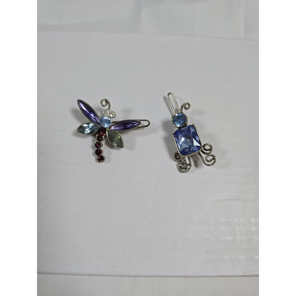Vintage  Dragonfly and Blue Rhinestone Hair Clip Set Silver Tone‎ 2pc